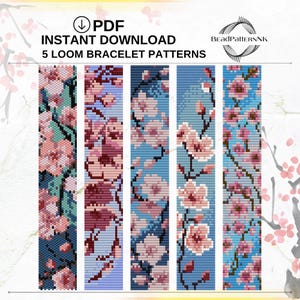 May include: Digital PDF download featuring five loom bracelet patterns with floral designs. The patterns showcase pink and white blossoms against various blue and teal backgrounds. The text reads "Instant Download 5 Loom Bracelet Patterns."