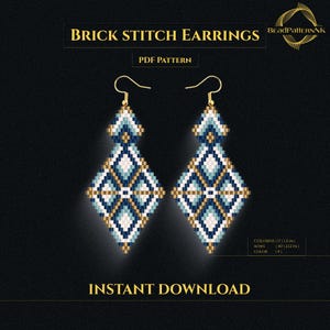 May include: A pair of diamond-shaped brick stitch earrings featuring a geometric pattern in shades of blue, white, and gold. The text reads BRICK STITCH EARRINGS, PDF PATTERN, and INSTANT DOWNLOAD. Dimensions are 1.2 inches by 2.32 inches.