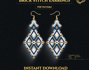 Diamond Beaded Earrings Pattern, Miyuki Delica Brick Stitch, Beadwork Jewelry Design PDF