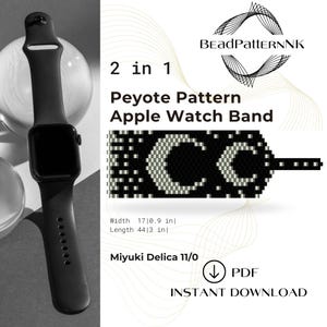 以下が含まれることがあります： 黒いApple Watchと、ビーズの時計バンドパターンが並んでいます。パターンは白と黒で、「2 in 1 Peyote Pattern Apple Watch Band」の文字が入っています。バンドの幅は43cm、長さは112cmです。