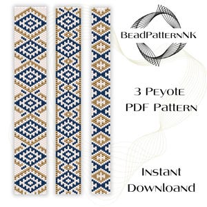 May include: Three peyote stitch beading patterns in blue, gold, and white. The patterns are for bracelets or other jewellery projects. The image includes the text "BeadPatternNK", "3 Peyote PDF Pattern", and "Instant Download".