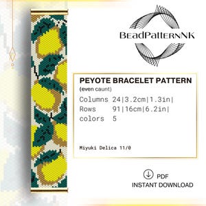 May include: A beaded bracelet pattern with a lemon design. The pattern includes columns of 1.3 inches and rows of 6.2 inches. The pattern is for Miyuki Delica 11/0 beads and is available for instant download.