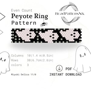 Könnte beinhalten: Ein digitales Muster für einen Peyote-Ring mit einem sich wiederholenden Geisterdesign in Schwarz und Weiß. Das Muster enthält den Text "Even Count Peyote Ring Pattern" und "Instant Download". Das Ringdesign ist 1,4 cm breit und 6,7 cm lang.