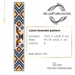 May include: A loom bracelet pattern with a geometric design in shades of blue, orange, and white. The pattern includes 15 columns (0.8 in), 91 rows (6.3 in), and uses 6 colors. The design is for Miyuki Delica 11/0 beads.