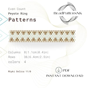 Könnte beinhalten: Ein Perlenmuster für einen Peyote-Ring mit einem geometrischen Design in Braun, Weiß und Beige. Das Muster ist 8 Spalten breit und 36 Reihen lang und misst 1,1 cm in der Breite und 6,4 cm in der Länge. Das Muster benötigt 4 Farben Miyuki Delica 11/0 Perlen.