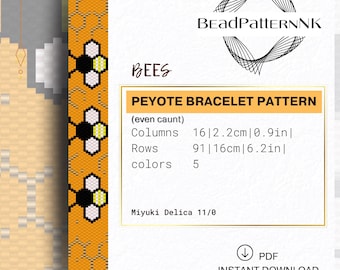 Bees Peyote Bracelet Pattern PDF | Honeycomb Peyote Bracelet Pattern, Golden Beehive Cuff Chart, Sweet Honey Hexagon Beadweaving.