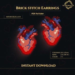 May include: A digital PDF pattern for brick stitch earrings. The earrings are designed to look like anatomical hearts, with red, pink, and blue beadwork. The text on the image reads "BRICK STITCH EARRINGS" and "INSTANT DOWNLOAD". The earrings are 1.33 inches wide and 1.85 inches tall.