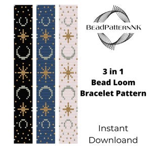 Op de afbeelding: Drie kralenweefarmbandpatronen in zwart, marineblauw en lichtroze, elk met een hemels ontwerp van sterren en halve manen. De afbeelding bevat de tekst "3 in 1 Bead Loom Bracelet Pattern" en "Instant Download".