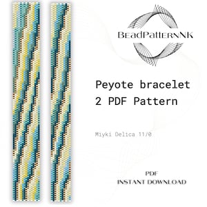Puede incluir: Dos patrones verticales de pulseras Peyote con cuentas en tonos turquesa, amarillo y marrón. La imagen incluye el texto "Peyote bracelet 2 PDF Pattern" y "Miyki Delica 11/0". También es visible el logotipo de BeadPatternNK.
