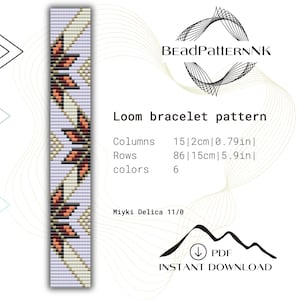 Pode incluir: Um padrão de pulseira de tear com um design colorido. O padrão é para uma pulseira de 15 cm (5,9 polegadas) de comprimento e 2 cm (0,79 polegadas) de largura. O padrão requer 6 cores de contas Miyki Delica 11/0. O padrão está disponível para download instantâneo.