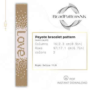 Pode incluir: Um padrão digital de pulseira peyote com a palavra "Love" em um design vertical. O padrão inclui colunas de 2,3 cm e linhas de 17,1 cm. O design usa duas cores e é um download instantâneo em PDF.