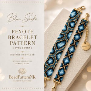 May include: A peyote bracelet pattern titled Blue Snake featuring a blue and black scale design. The text reads Blue Snake PEYOTE BRACELET PATTERN (EVEN COUNT) INSTANT DOWNLOAD MIYUKI DELICA 11/0 BEADS CHART BeadPatternNK. Two beaded bracelets are shown.