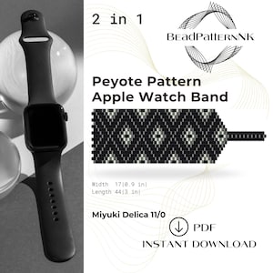 May include: A black and white peyote stitch bead pattern for an Apple Watch band. The pattern is for a 17 inch wide and 44 inch long band. The pattern is made with Miyuki Delica 11/0 beads. The pattern is available as an instant download PDF.