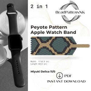 May include: A black smartwatch with a silicone band next to a digital pattern for a beaded Apple Watch band. The pattern features a geometric design in teal, black, and gold, labeled 2 in 1, BeadPatternNK, Miyuki Delica 11/0, with dimensions 0.9 inches wide and 3 inches long.