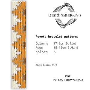 Könnte beinhalten: Ein Peyote-Armbandmuster mit einem geometrischen Design in Weiß, Orange und Braun. Der Text enthält BeadPatternNK, Peyote bracelet patterns, Columns 17 | 3cm, Rows 85 | 15cm, colors 6, Miyki Delica 11/0 und PDF INSTANT DOWNLOAD.