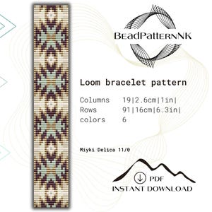 May include: A loom bracelet pattern featuring a geometric design in shades of brown, beige, and blue. The pattern is 19 columns wide and 91 rows long, and requires 6 colours of Miyuki Delica 11/0 beads. The pattern is available for instant download as a PDF.
