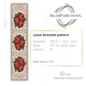 Pode incluir: Um padrão de pulseira de tear com um design floral repetido em vermelho e verde sobre um fundo creme. O padrão tem 23 colunas, 91 linhas e usa 8 cores. O design é para contas Miyuki Delica 11/0. A imagem também inclui o texto "BeadPatternNK".