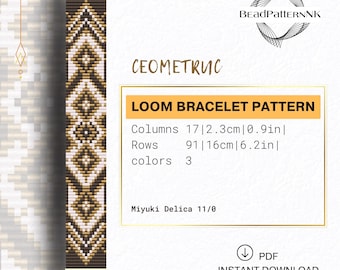 Bead Loom Bracelet Pattern • Beading Patterns PDF • Geometric Brown Beadweaving Designs • Miyuki Delica Beadwork jewelry