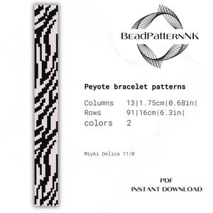 May include: A black and white peyote stitch bracelet pattern with 13 columns and 91 rows. The pattern is for a bracelet that is 1.75 cm wide and 16 cm long. The pattern is for Miyuki Delica 11/0 beads. The pattern is available as a PDF download.