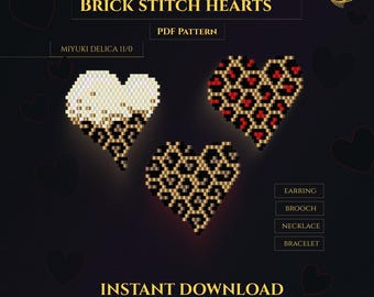 Brick stitch HEART earrings pattern Beading PDF Miyuki Delica seed bead Valentine design for handmade Beadwork jewelry Instant download
