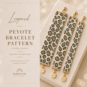 Può includere: Tre braccialetti di perline con motivo leopardato in nero, marrone chiaro e crema. Ogni braccialetto ha terminali in metallo dorato e un piccolo ciondolo rotondo. Il testo a sinistra recita: Leopard PEYOTE BRACELET PATTERN (EVEN COUNT) INSTANT DOWNLOAD MIYUKI DELICA 11/0 BEADS CHART BeadPatternNK.