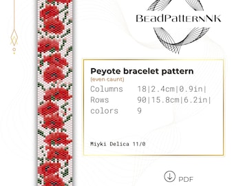 Poppy Miyuki Bracelet Pattern Peyote Bracelet Pattern Miyuki Delica Bracelet Pattern Flowers bracelet Beading tutorial Beaded bracelet PDF