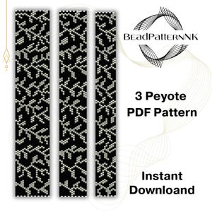 Peut inclure: Trois bandes verticales présentant un motif de branches pixélisées en noir et blanc. Le texte indique BEADPATTERNNK, 3 Peyote PDF Pattern et Instant Download. Le design se compose de formes géométriques répétitives dans un style monochrome.