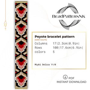 Pode incluir: Um padrão de pulseira peyote com um design geométrico em preto, vermelho, rosa e dourado. O padrão tem 17 colunas (2,3 cm) e 100 linhas (17,6 cm). O design usa 5 cores e contas Miyuki Delica 11/0. O texto "BeadPatternNK" também está presente.