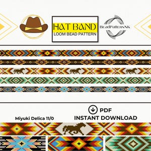 Puede incluir: Un patrón digital de cuentas para telar para una cinta de sombrero con diseños geométricos y motivos de caballos en varias paletas de colores. La imagen incluye el texto HAT BAND LOOM BEAD PATTERN, Miyuki Delica 11/0 y PDF INSTANT DOWNLOAD.
