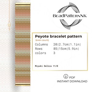 May include: A beaded peyote bracelet pattern with a color block design in pink, tan, and gray. The pattern includes the text "Peyote bracelet pattern" and details about columns, rows, and colors. The pattern is for Miyuki Delica 11/0 beads.