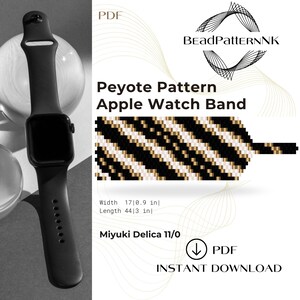 May include: A digital download PDF pattern for a black, white and gold beaded Apple Watch band. The pattern is made with Miyuki Delica 11/0 beads and is 1.7 inches wide and 4.4 inches long.