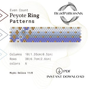 Beaded Ring Pattern even count peyote technique with Miyuki Delica 11 in blue and gold seed beads for beadwork jewelry and beading lovers