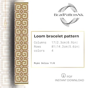 May include: A loom bracelet pattern with a geometric design in gold and pink. The pattern includes 17 columns, 81 rows, and uses 4 colours. The pattern is for Miyuki Delica 11/0 beads. The text reads "Loom bracelet pattern".