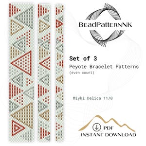 Puede incluir: Conjunto de tres patrones de pulsera de punto de peyote para hacer bisutería. Los patrones presentan diseños geométricos con cuentas rojas, doradas, grises y blancas. Los patrones son para punto de peyote de conteo par y están diseñados para cuentas Miyuki Delica 11/0. El texto "Set of 3 Peyote Bracelet Patterns (even count)" y "Miyuki Delica 11/0" está incluido en la imagen.