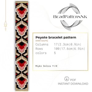 May include: A peyote bracelet pattern with a geometric design in black, red, pink, and gold. The pattern includes 17 columns (0.9 in), 100 rows (6.9 in), and uses 5 colors. The pattern is for Miyuki Delica 11/0 beads. Instant PDF download.