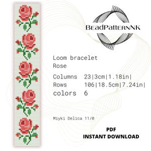 Puede incluir: Un patrón de brazalete de telar con un diseño de rosa roja. El patrón es para un brazalete de 23 columnas de ancho y 106 filas de largo, utilizando 6 colores de cuentas Miyuki Delica 11/0. El patrón está disponible como una descarga instantánea en PDF.