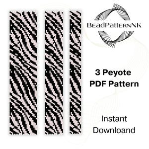 Pode incluir: Três padrões verticais de contas com um design de listras de zebra em preto e branco. Os padrões são para ponto peyote. A imagem inclui o texto "3 Peyote PDF Pattern" e "Instant Download" com um logotipo para BeadPatternNK.