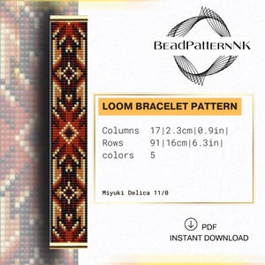Puede incluir: Un patrón de pulsera de telar con diseño geométrico en rojo, negro y beige. El texto dice BeadPatternNK, Loom Bracelet Pattern, Columns 17 (2,3 cm), Rows 91 (16 cm), 5 colors, Miyuki Delica 11/0 y PDF Instant Download.