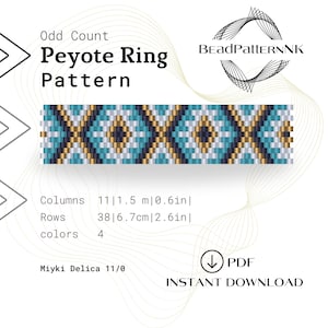 May include: A digital pattern for a Peyote ring, featuring a geometric design in teal, gold, navy, and white. The pattern includes the text "Odd Count Peyote Ring Pattern" and "Instant Download". The ring is 0.6 inches wide and 2.6 inches long.