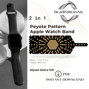 Op de afbeelding: Een zwarte smartwatch met siliconen band naast een digitaal patroon met de tekst 2 in 1 Peyote Pattern Apple Watch Band. Het patroon toont een zwart en goud geometrisch ontwerp met een breedte van 2,3 cm en een lengte van 7,6 cm.