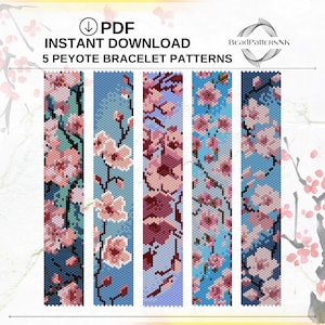 May include: Digital download of 5 Peyote bracelet patterns. The patterns feature a floral design with pink blossoms on a blue background. The text "PDF Instant Download" is at the top.