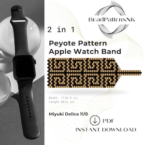 Puede incluir: Apple Watch negro con correa a juego junto a una correa de Apple Watch con patrón Peyote de cuentas. La correa presenta un diseño geométrico en negro y dorado. El texto de la imagen dice "2 en 1 Peyote Pattern Apple Watch Band". La correa mide 43 cm de ancho y 112 cm de largo.