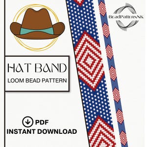 Pode incluir: Um padrão PDF digital para uma faixa de chapéu, apresentando uma ilustração de chapéu de cowboy marrom com uma faixa turquesa. O design inclui um padrão de contas de tear com padrões geométricos vermelhos, brancos e azuis. O texto inclui "HAT BAND".