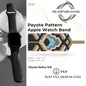 Peut inclure: Un modèle PDF téléchargeable pour un bracelet de montre Apple en perles. Le modèle est pour un design de point de peyote utilisant des perles Miyuki Delica 11/0. Le bracelet mesure 4,3 cm de large et 11,2 cm de long.