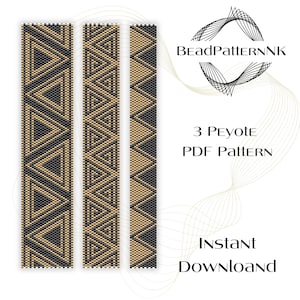 May include: Three black and gold geometric beading patterns for a peyote stitch bracelet.  The patterns are labeled "3 Peyote PDF Pattern" and "Instant Download".