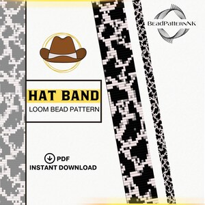 May include: A digital loom bead pattern for a hat band featuring a black and white pixelated design. The graphic includes a brown cowboy hat icon, the text HAT BAND LOOM BEAD PATTERN, a PDF instant download symbol, and the brand name BEADPATTERNNK.