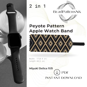 May include: A digital watch band pattern in black and gold colors. The pattern is for a peyote stitch and is made with Miyuki Delica 11/0 beads. The pattern is for a 1.7 inch wide and 4.4 inch long band. The pattern is available as an instant download PDF.