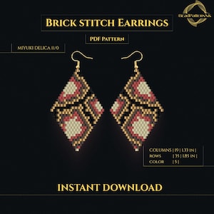 May include: A digital PDF pattern for brick stitch earrings. The earrings are diamond-shaped with a geometric design in red, black, tan, and gold. The pattern includes dimensions: 1.33 inches wide by 1.85 inches long. The text reads "Brick Stitch Earrings" and "Instant Download."