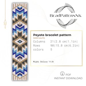 May include: A peyote bracelet pattern featuring a geometric design in blue, white, black, and tan. The text reads: BeadPatternNK, Peyote bracelet pattern (odd count), Columns 21|2.8 cm|1.1in, Rows 90|15.8 cm|6.2in, colors 5, Miyki Delica 11/0, PDF INSTANT DOWNLOAD.