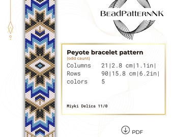 Blue Geometric Peyote ODD Count bracelet pattern, Miyuki Delica PDF Pattern, Beading blue ombre gradient wrist cuff, Beadwork jewelry design